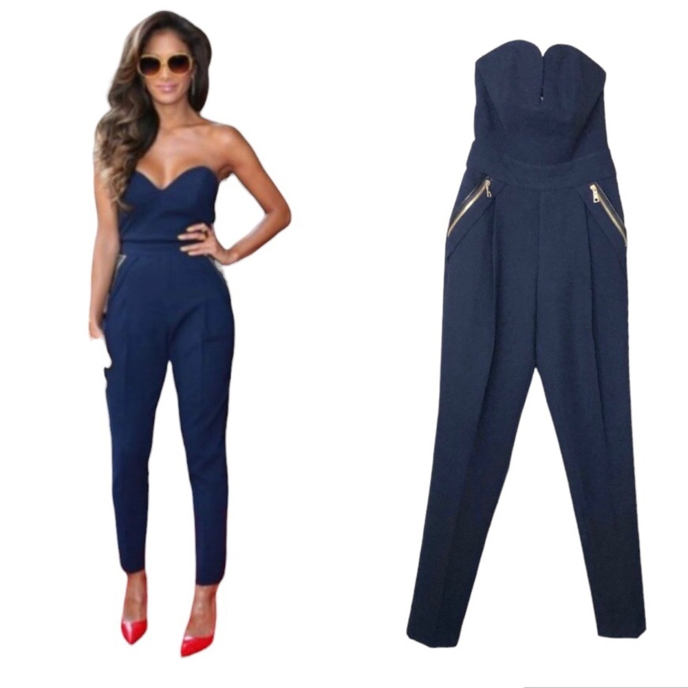 Three Floor Navy Crepe Strapless Sweetheart Bodice Jumpsuit Size S